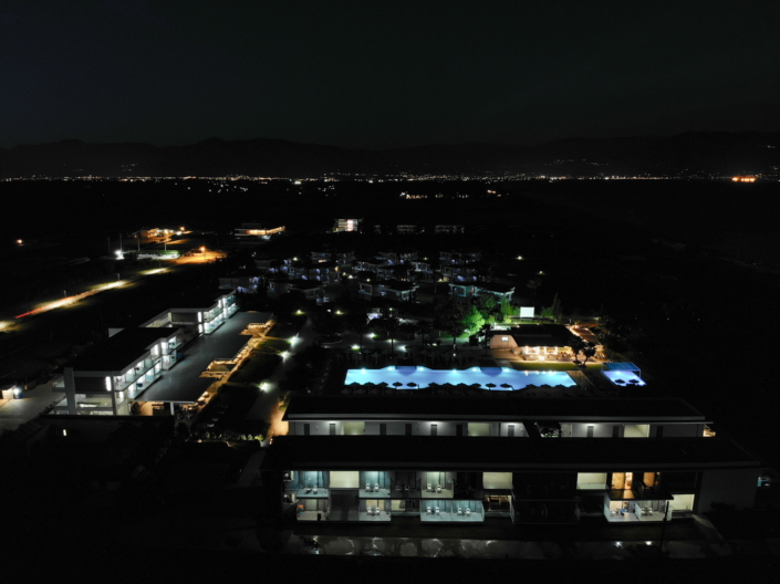 Aerial view of a hotel at night